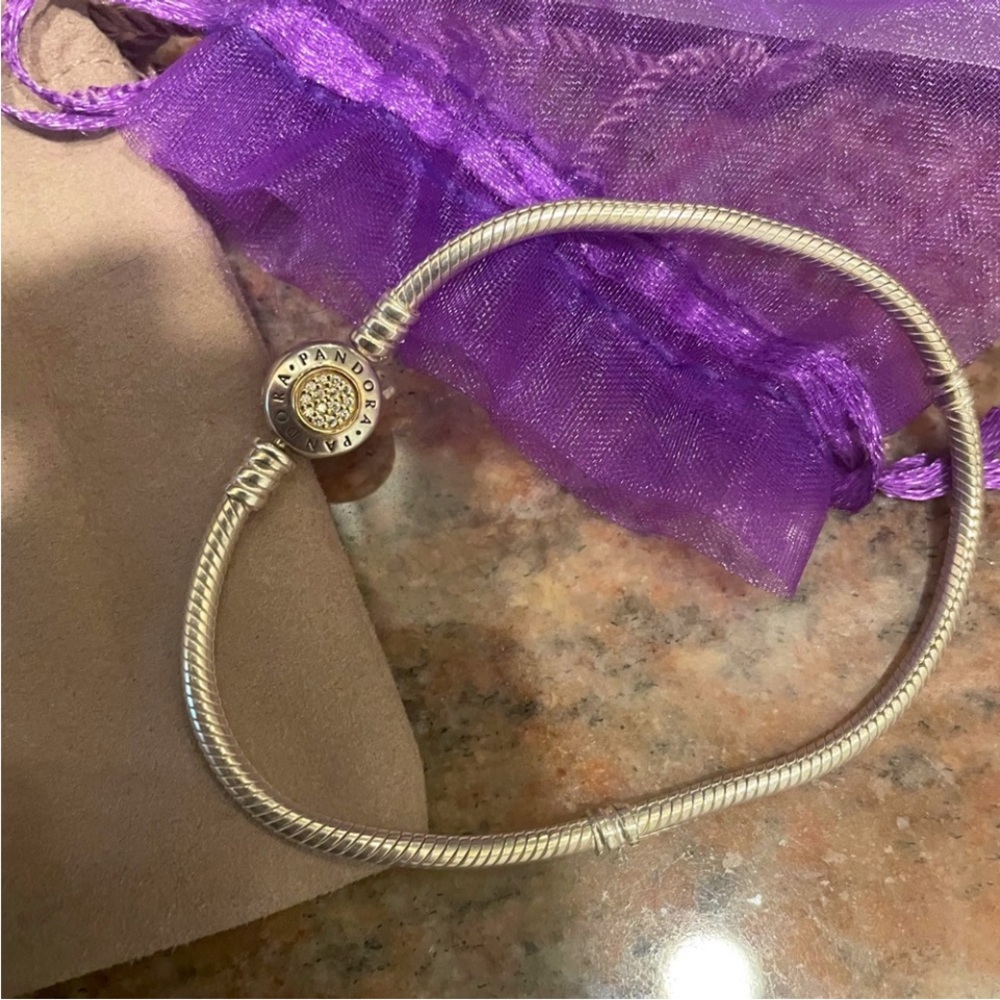 PANDORA Silver & Gold bracelet.. diamond accent at clasp on both sides..